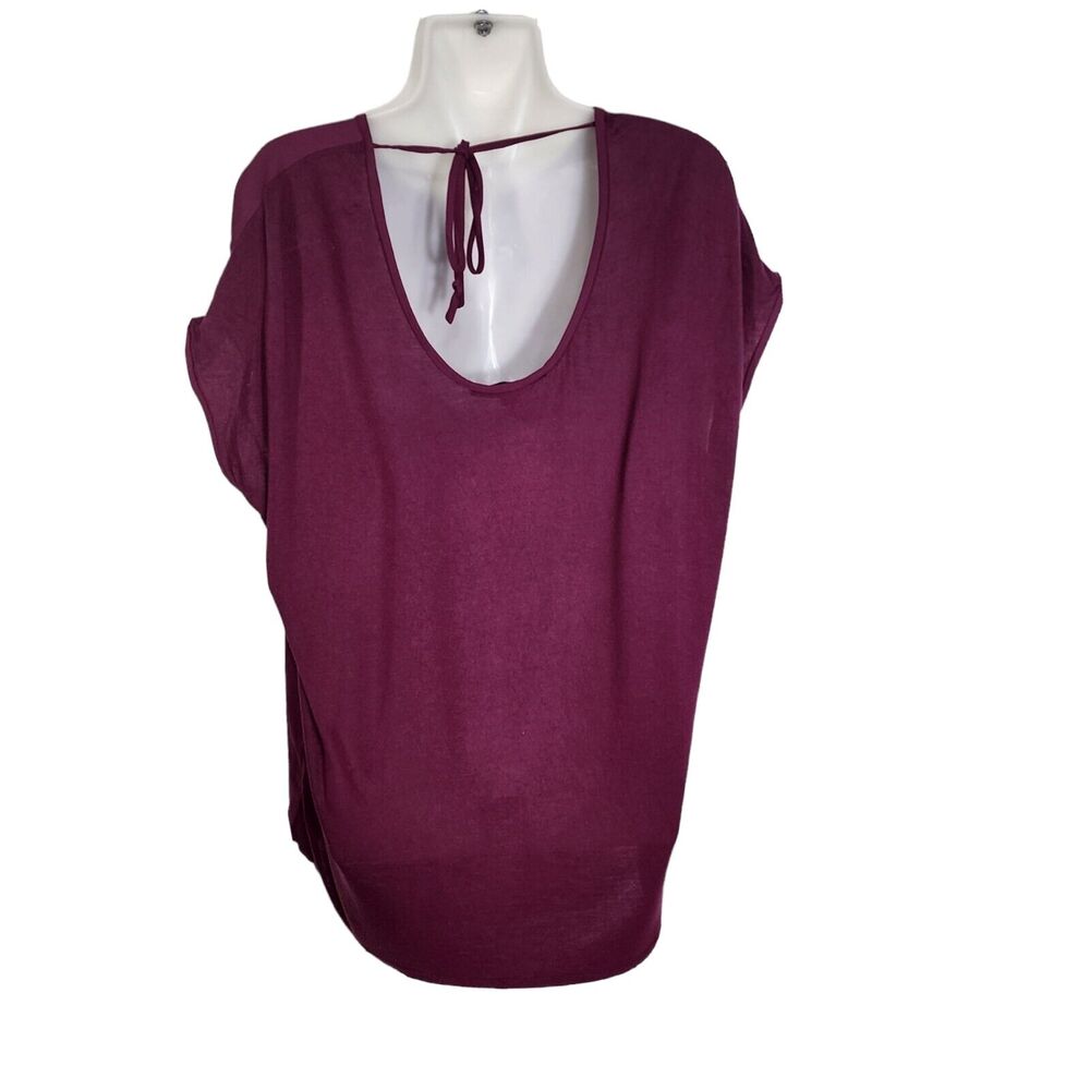 Ann Taylor LOFT Womens Top Medium Tie Back Mixed Media Short Cap Sleeve Fushia